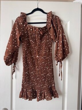 ByEgreis brown Polka Dot Smocked Dress with Ruffle